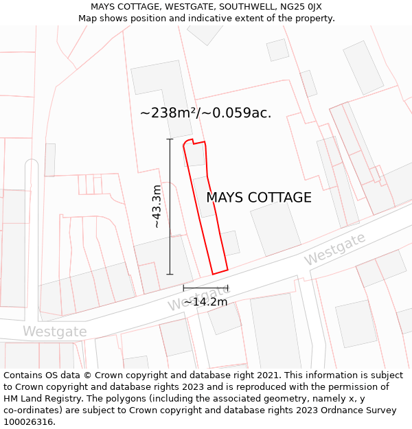 MAYS COTTAGE, WESTGATE, SOUTHWELL, NG25 0JX: Plot and title map