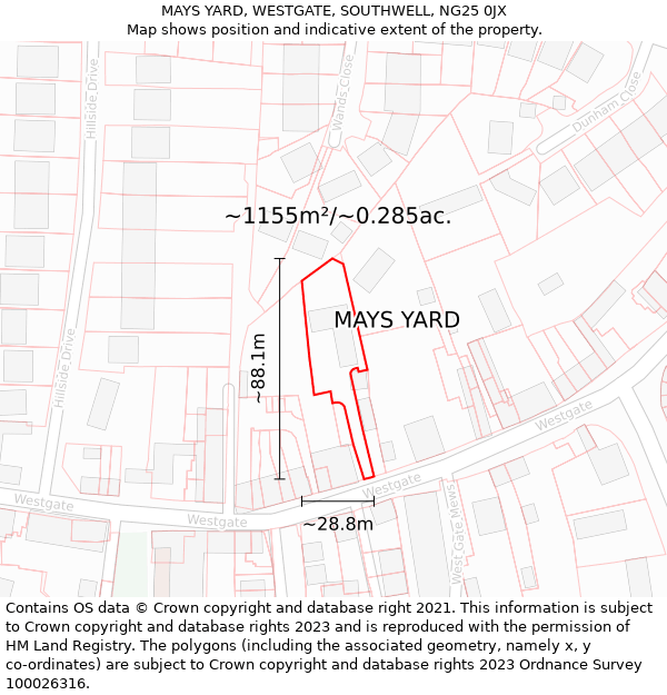 MAYS YARD, WESTGATE, SOUTHWELL, NG25 0JX: Plot and title map