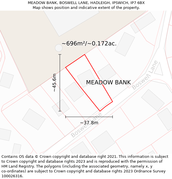 MEADOW BANK, BOSWELL LANE, HADLEIGH, IPSWICH, IP7 6BX: Plot and title map