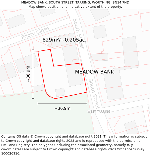 MEADOW BANK, SOUTH STREET, TARRING, WORTHING, BN14 7ND: Plot and title map