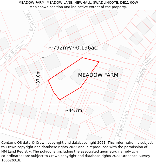 MEADOW FARM, MEADOW LANE, NEWHALL, SWADLINCOTE, DE11 0QW: Plot and title map