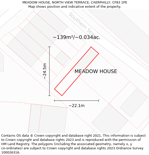 MEADOW HOUSE, NORTH VIEW TERRACE, CAERPHILLY, CF83 1PE: Plot and title map