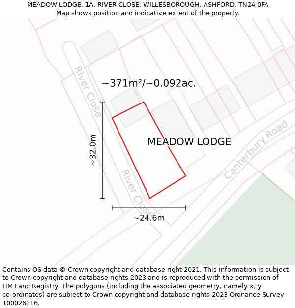MEADOW LODGE, 1A, RIVER CLOSE, WILLESBOROUGH, ASHFORD, TN24 0FA: Plot and title map