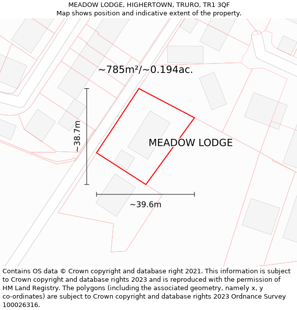 MEADOW LODGE, HIGHERTOWN, TRURO, TR1 3QF: Plot and title map
