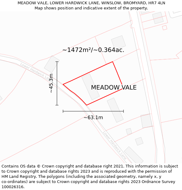 MEADOW VALE, LOWER HARDWICK LANE, WINSLOW, BROMYARD, HR7 4LN: Plot and title map