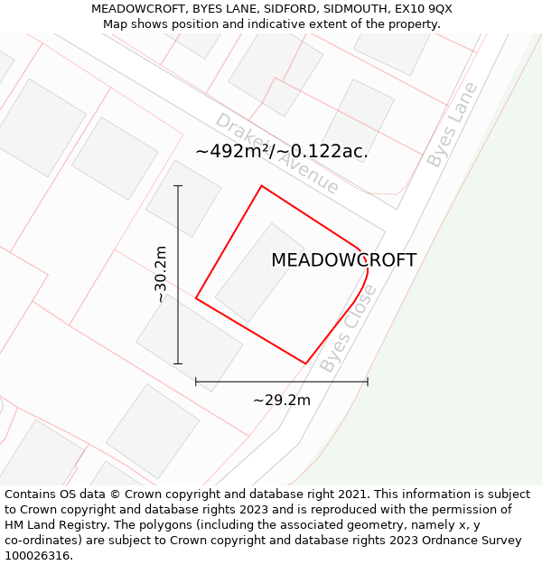 MEADOWCROFT, BYES LANE, SIDFORD, SIDMOUTH, EX10 9QX: Plot and title map