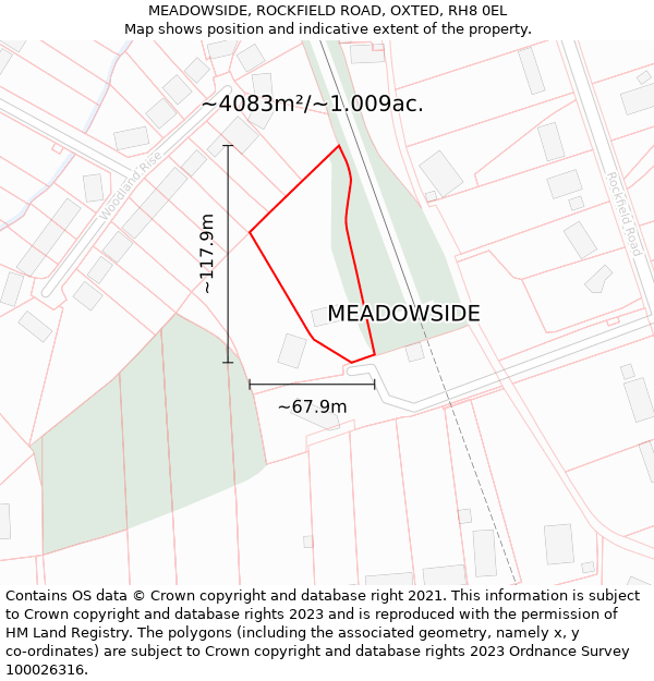 MEADOWSIDE, ROCKFIELD ROAD, OXTED, RH8 0EL: Plot and title map