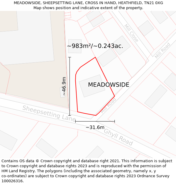 MEADOWSIDE, SHEEPSETTING LANE, CROSS IN HAND, HEATHFIELD, TN21 0XG: Plot and title map