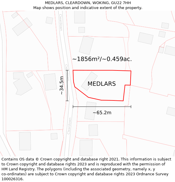 MEDLARS, CLEARDOWN, WOKING, GU22 7HH: Plot and title map