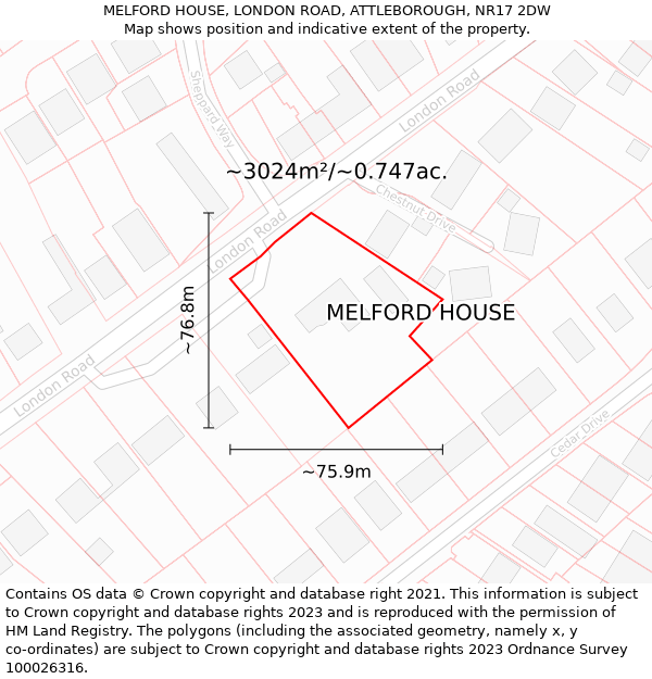 MELFORD HOUSE, LONDON ROAD, ATTLEBOROUGH, NR17 2DW: Plot and title map