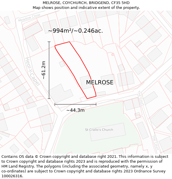 MELROSE, COYCHURCH, BRIDGEND, CF35 5HD: Plot and title map