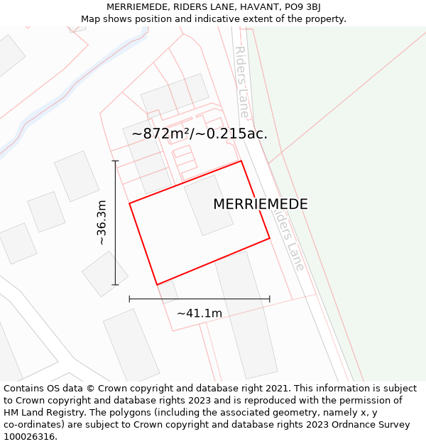 MERRIEMEDE, RIDERS LANE, HAVANT, PO9 3BJ: Plot and title map