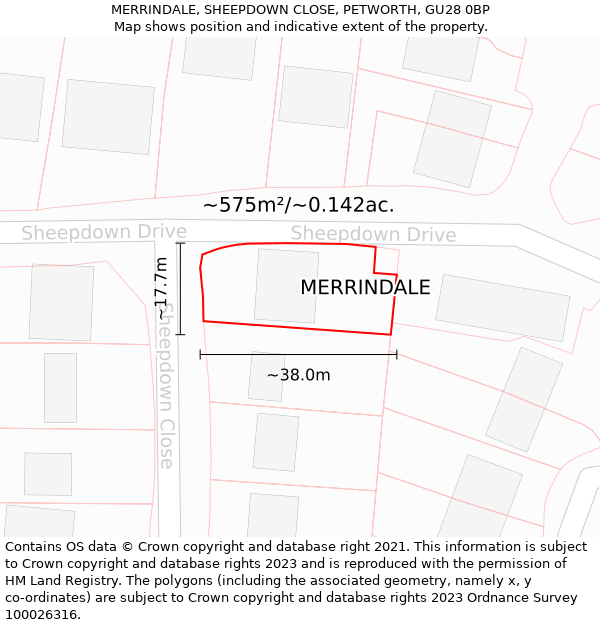 MERRINDALE, SHEEPDOWN CLOSE, PETWORTH, GU28 0BP: Plot and title map