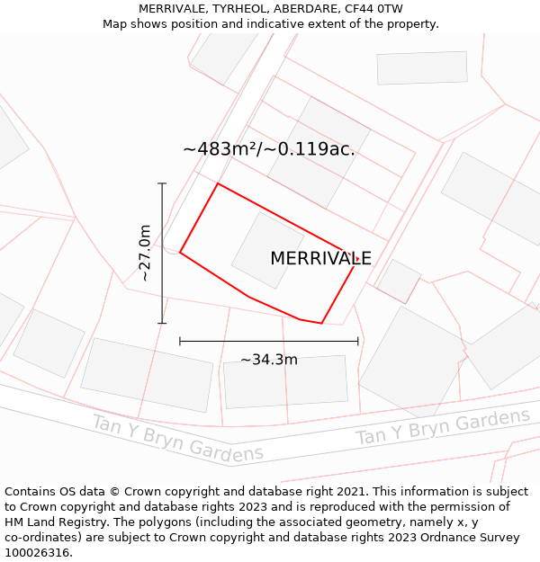 MERRIVALE, TYRHEOL, ABERDARE, CF44 0TW: Plot and title map