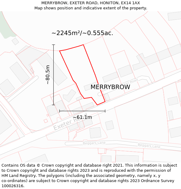 MERRYBROW, EXETER ROAD, HONITON, EX14 1AX: Plot and title map
