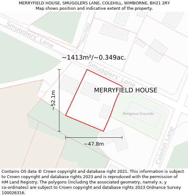 MERRYFIELD HOUSE, SMUGGLERS LANE, COLEHILL, WIMBORNE, BH21 2RY: Plot and title map