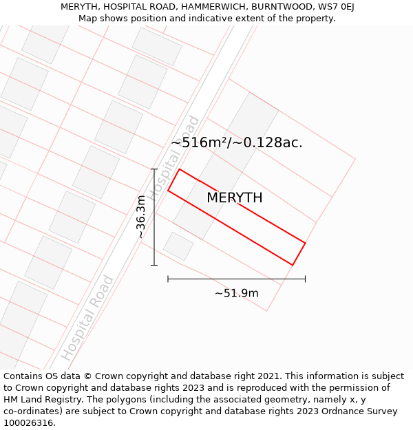 MERYTH, HOSPITAL ROAD, HAMMERWICH, BURNTWOOD, WS7 0EJ: Plot and title map