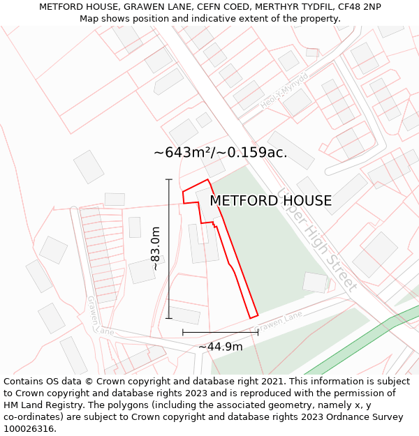 METFORD HOUSE, GRAWEN LANE, CEFN COED, MERTHYR TYDFIL, CF48 2NP: Plot and title map