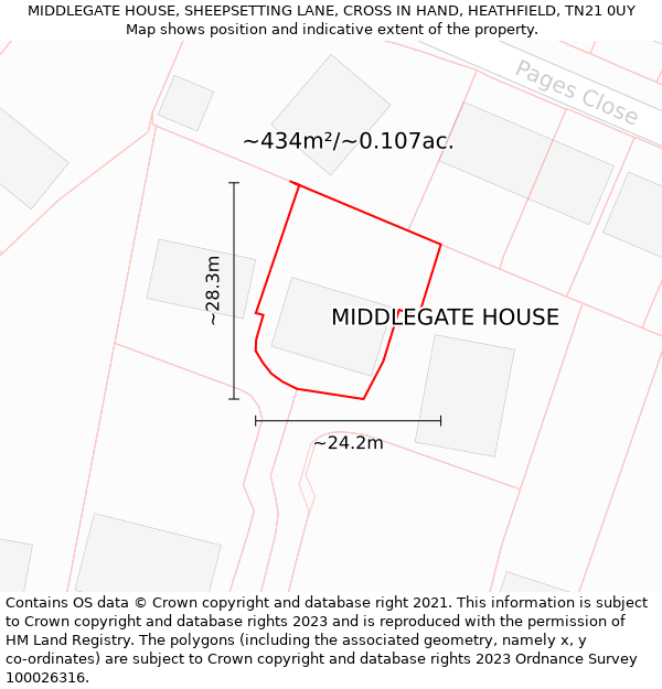MIDDLEGATE HOUSE, SHEEPSETTING LANE, CROSS IN HAND, HEATHFIELD, TN21 0UY: Plot and title map