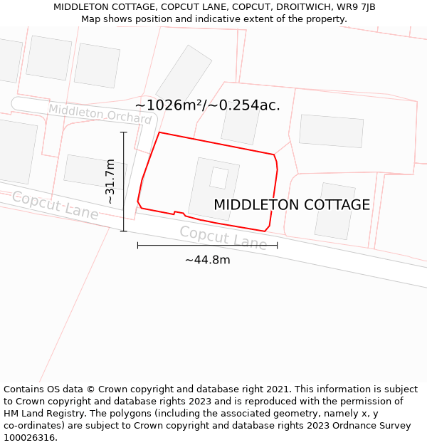 MIDDLETON COTTAGE, COPCUT LANE, COPCUT, DROITWICH, WR9 7JB: Plot and title map