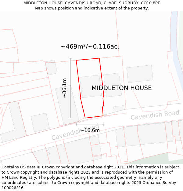 MIDDLETON HOUSE, CAVENDISH ROAD, CLARE, SUDBURY, CO10 8PE: Plot and title map