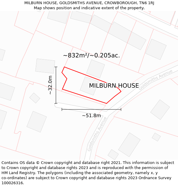 MILBURN HOUSE, GOLDSMITHS AVENUE, CROWBOROUGH, TN6 1RJ: Plot and title map