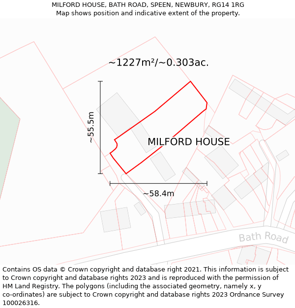 MILFORD HOUSE, BATH ROAD, SPEEN, NEWBURY, RG14 1RG: Plot and title map