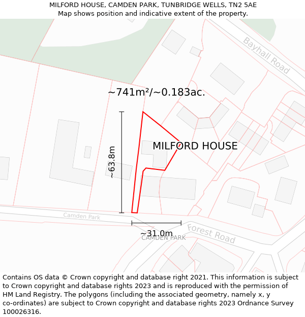 MILFORD HOUSE, CAMDEN PARK, TUNBRIDGE WELLS, TN2 5AE: Plot and title map