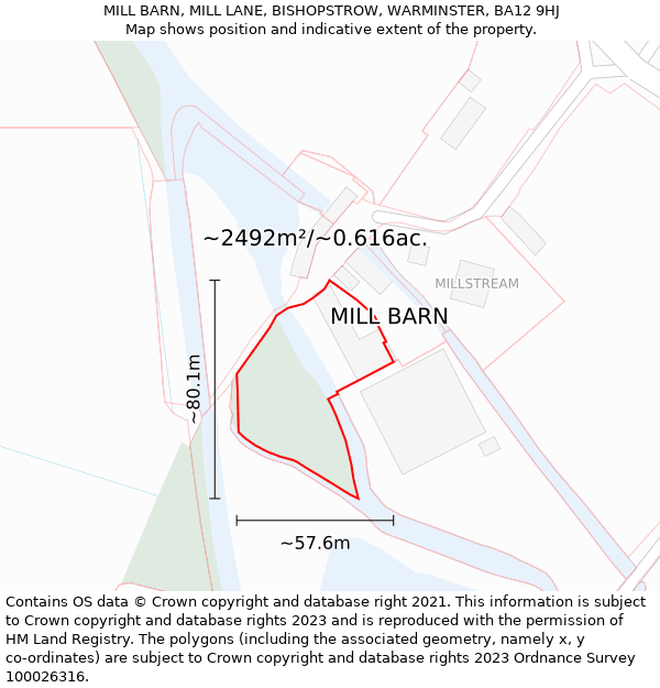 MILL BARN, MILL LANE, BISHOPSTROW, WARMINSTER, BA12 9HJ: Plot and title map