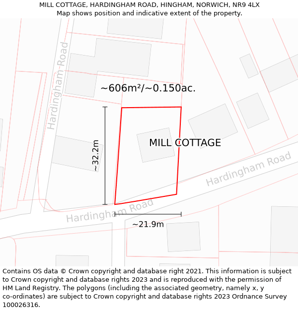 MILL COTTAGE, HARDINGHAM ROAD, HINGHAM, NORWICH, NR9 4LX: Plot and title map