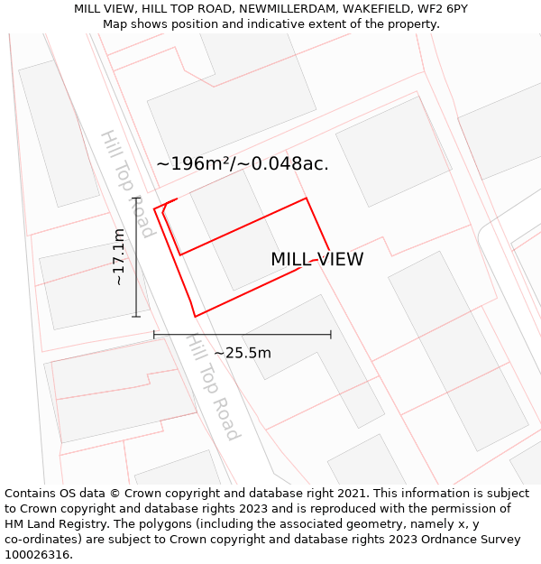 MILL VIEW, HILL TOP ROAD, NEWMILLERDAM, WAKEFIELD, WF2 6PY: Plot and title map