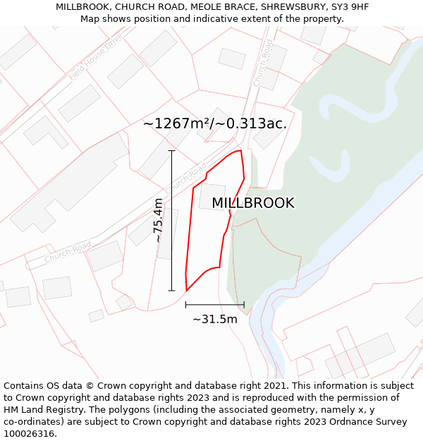 MILLBROOK, CHURCH ROAD, MEOLE BRACE, SHREWSBURY, SY3 9HF: Plot and title map