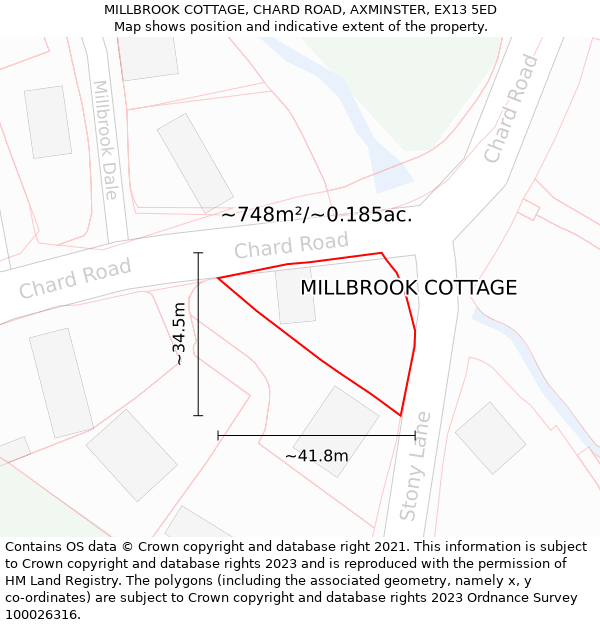 MILLBROOK COTTAGE, CHARD ROAD, AXMINSTER, EX13 5ED: Plot and title map