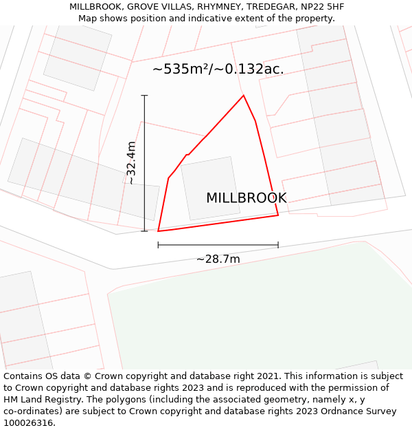 MILLBROOK, GROVE VILLAS, RHYMNEY, TREDEGAR, NP22 5HF: Plot and title map
