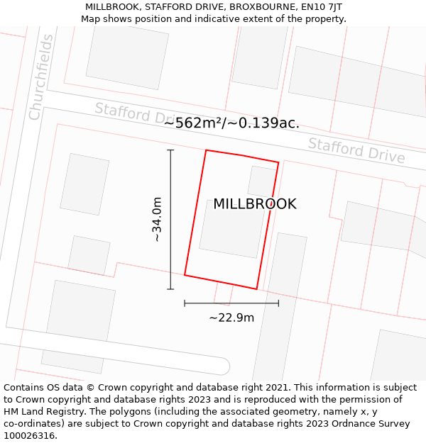 MILLBROOK, STAFFORD DRIVE, BROXBOURNE, EN10 7JT: Plot and title map