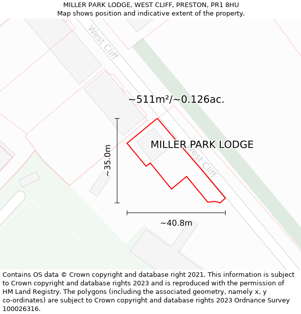 MILLER PARK LODGE, WEST CLIFF, PRESTON, PR1 8HU: Plot and title map