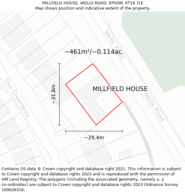 MILLFIELD HOUSE, WELLS ROAD, EPSOM, KT18 7LE: Plot and title map