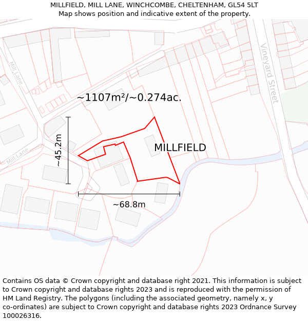 MILLFIELD, MILL LANE, WINCHCOMBE, CHELTENHAM, GL54 5LT: Plot and title map