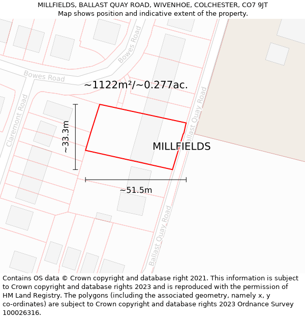 MILLFIELDS, BALLAST QUAY ROAD, WIVENHOE, COLCHESTER, CO7 9JT: Plot and title map