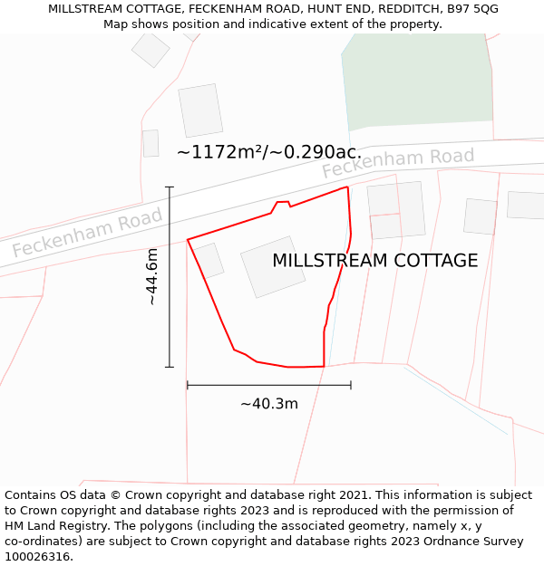 MILLSTREAM COTTAGE, FECKENHAM ROAD, HUNT END, REDDITCH, B97 5QG: Plot and title map