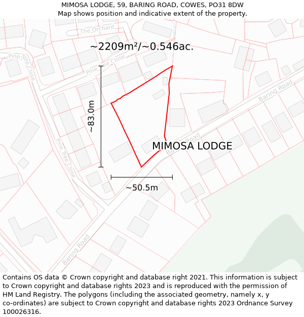 MIMOSA LODGE, 59, BARING ROAD, COWES, PO31 8DW: Plot and title map