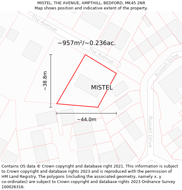 MISTEL, THE AVENUE, AMPTHILL, BEDFORD, MK45 2NR: Plot and title map
