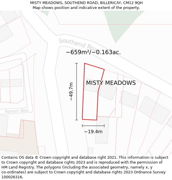 MISTY MEADOWS, SOUTHEND ROAD, BILLERICAY, CM12 9QH: Plot and title map