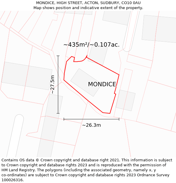 MONDICE, HIGH STREET, ACTON, SUDBURY, CO10 0AU: Plot and title map