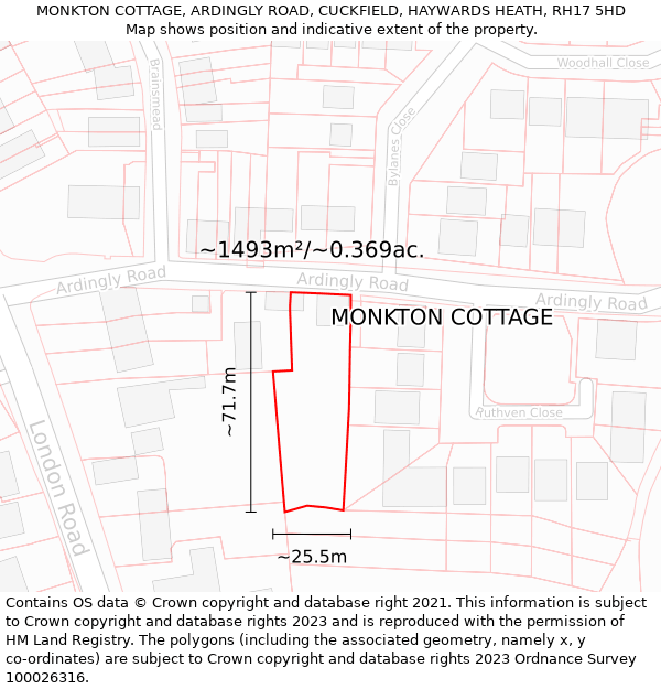 MONKTON COTTAGE, ARDINGLY ROAD, CUCKFIELD, HAYWARDS HEATH, RH17 5HD: Plot and title map