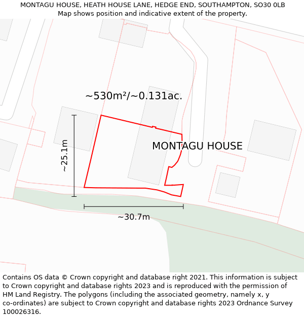 MONTAGU HOUSE, HEATH HOUSE LANE, HEDGE END, SOUTHAMPTON, SO30 0LB: Plot and title map