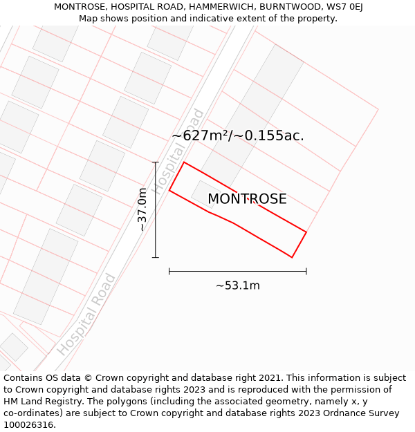 MONTROSE, HOSPITAL ROAD, HAMMERWICH, BURNTWOOD, WS7 0EJ: Plot and title map