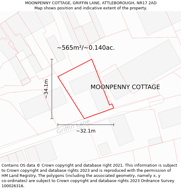 MOONPENNY COTTAGE, GRIFFIN LANE, ATTLEBOROUGH, NR17 2AD: Plot and title map