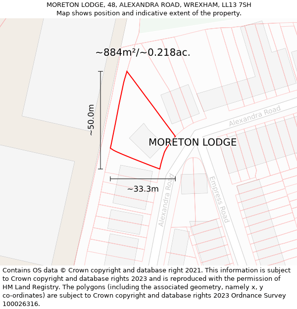 MORETON LODGE, 48, ALEXANDRA ROAD, WREXHAM, LL13 7SH: Plot and title map