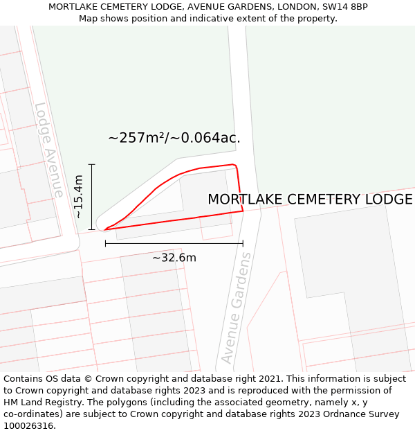 MORTLAKE CEMETERY LODGE, AVENUE GARDENS, LONDON, SW14 8BP: Plot and title map